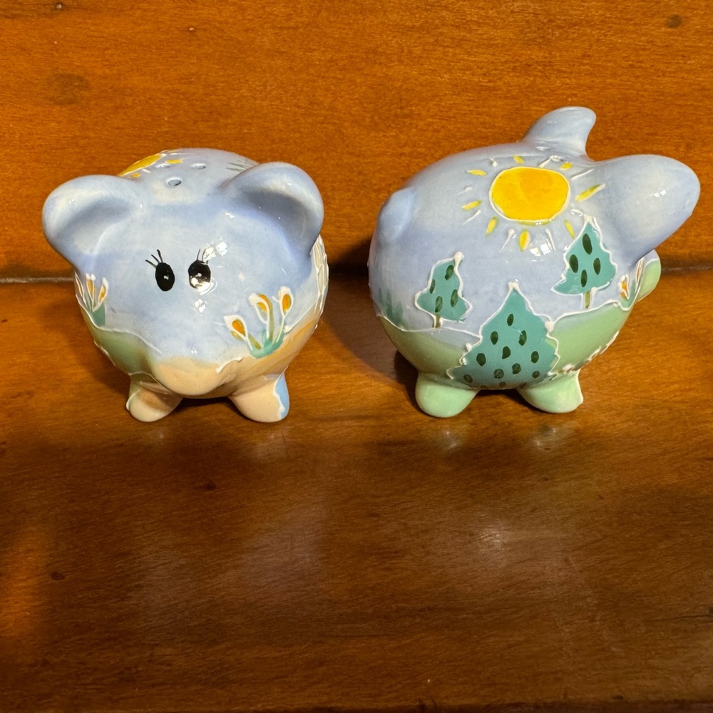 Hand-Painted Vintage Ceramic Pig Salt and Pepper Shakers - Pastel Blue & Green